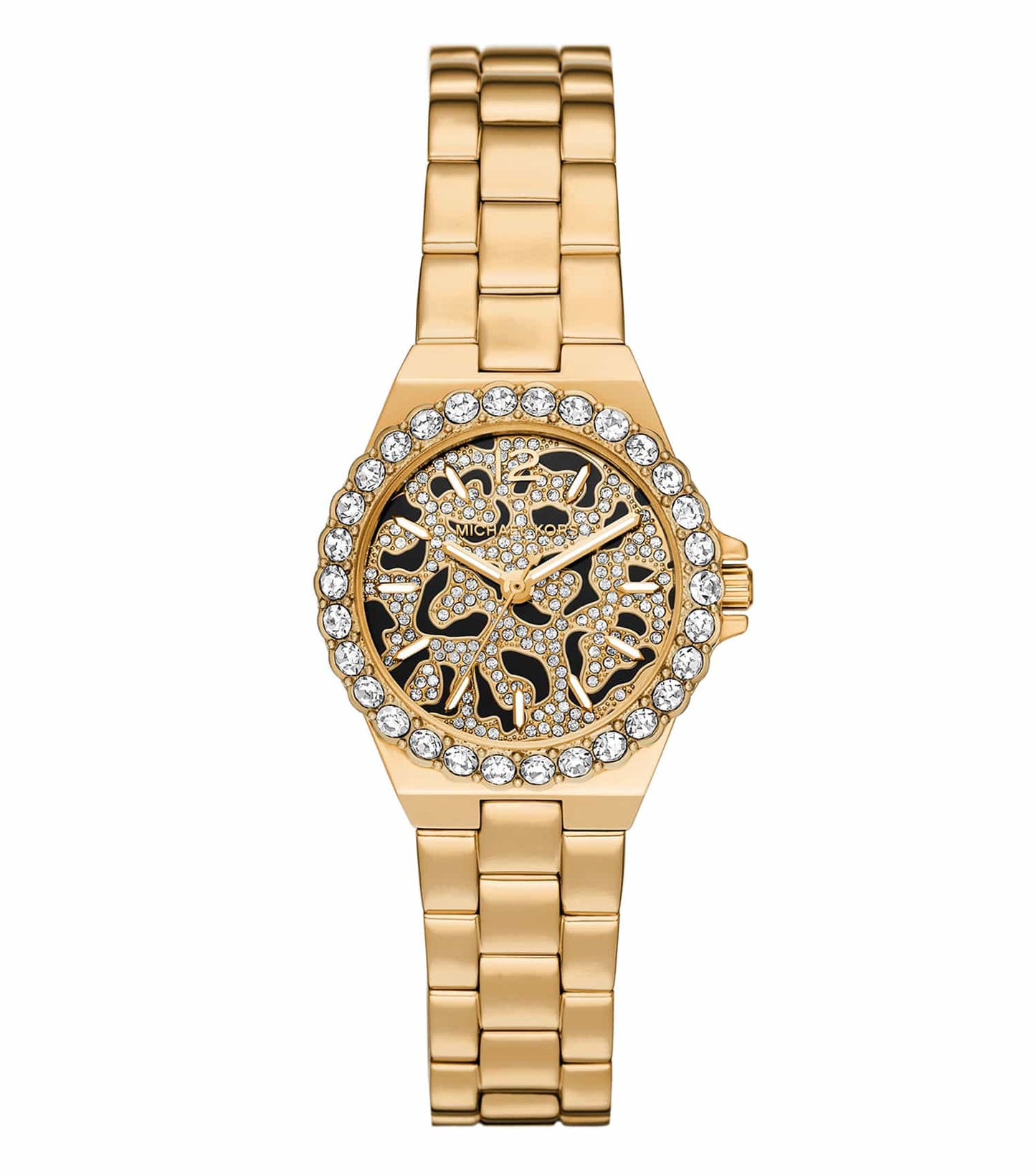 Michael Kors Mini Lennox gold-tone women's watch with pavé crystal bezel and leopard dial