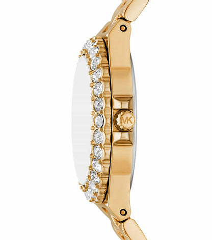 Side view of gold-tone watch showing bracelet strap with pavé crystal bezel detail