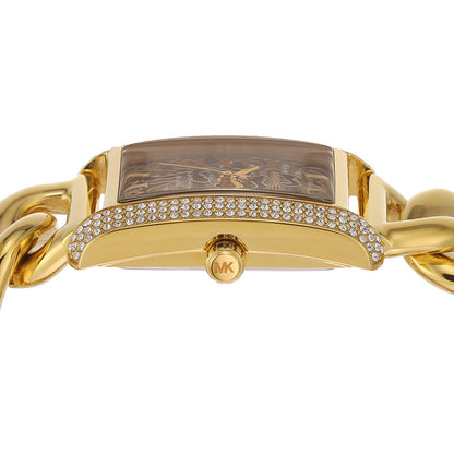 Michael Kors Mini Emery watch side view showing case edge with pavé crystals and gold curb links