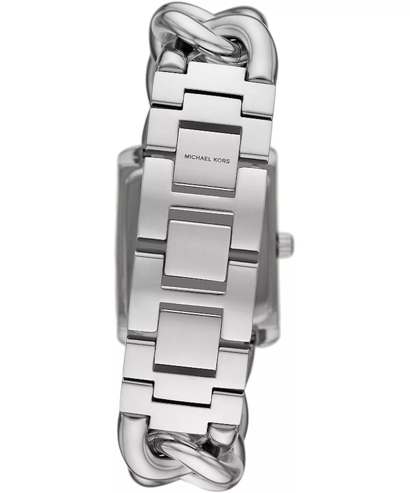 Michael Kors Mini Emery watch caseback showing silver rectangular case and band attachment