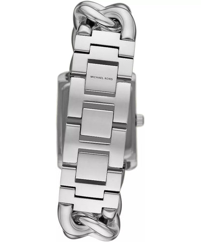 Michael Kors Mini Emery watch caseback showing silver rectangular case and band attachment