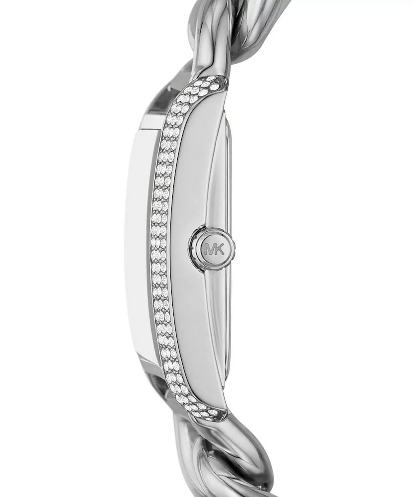 Michael Kors Mini Emery watch side view showing silver curb-link bracelet and crystal-set case edge