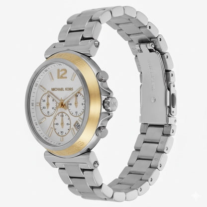 Side angle view of Michael Kors Maren watch showing silver bracelet and gold-tone bezel