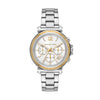 Michael Kors Maren chronograph watch with white dial, silver and gold-tone case, and silver bracelet