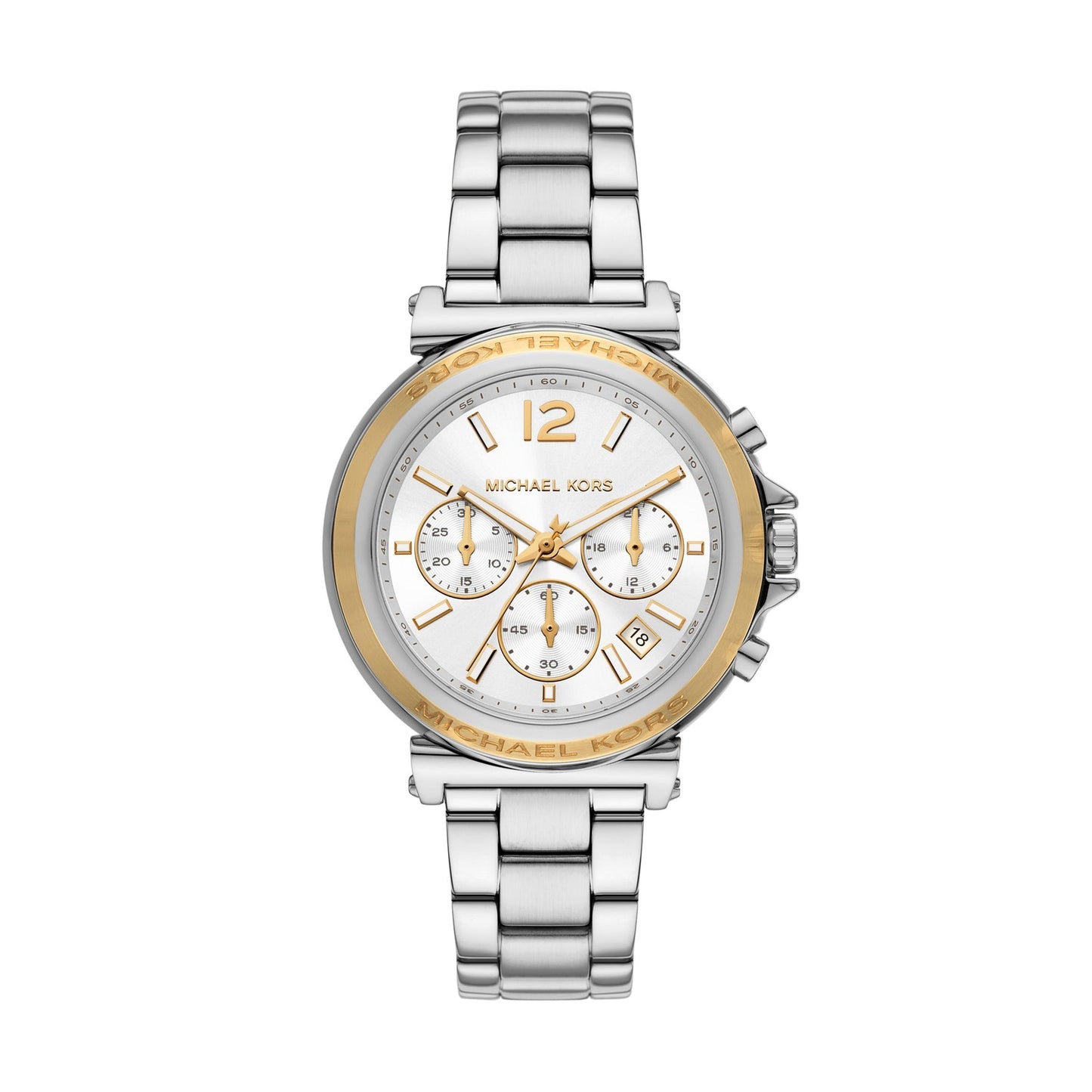 Michael Kors Maren chronograph watch with white dial, silver and gold-tone case, and silver bracelet