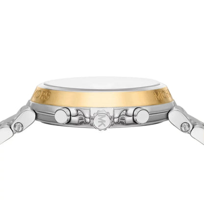 Side profile view of Michael Kors Maren chronograph case with gold-tone and silver two-tone design
