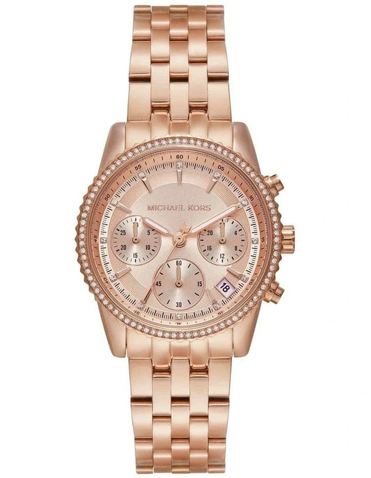 Michael Kors Mini Bryant rose-gold chronograph watch with pavé bezel and triple sub-dials on matching bracelet