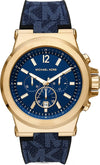 Michael Kors Dylan Chronograph watch with gold case, blue dial, and blue silicone strap