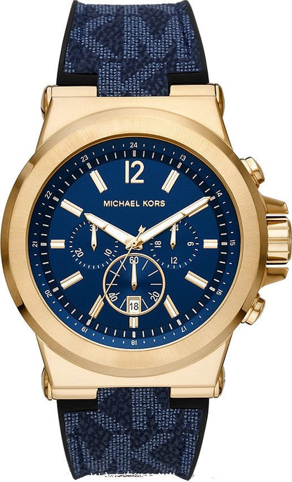 Michael Kors Dylan Chronograph watch with gold case, blue dial, and blue silicone strap