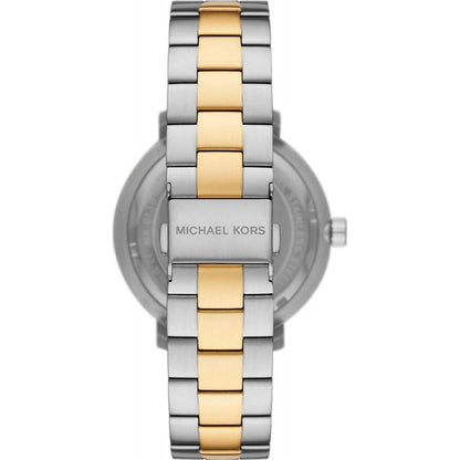 Michael Kors MK9134 watch caseback with stainless steel two-tone bracelet visible