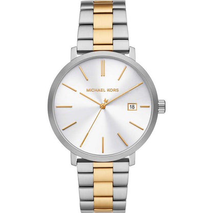 Michael Kors MK9134 silver and gold-tone men's watch with white dial and date window
