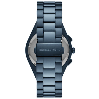 Michael Kors MK9147 Lennox watch caseback displaying blue-tone steel bracelet