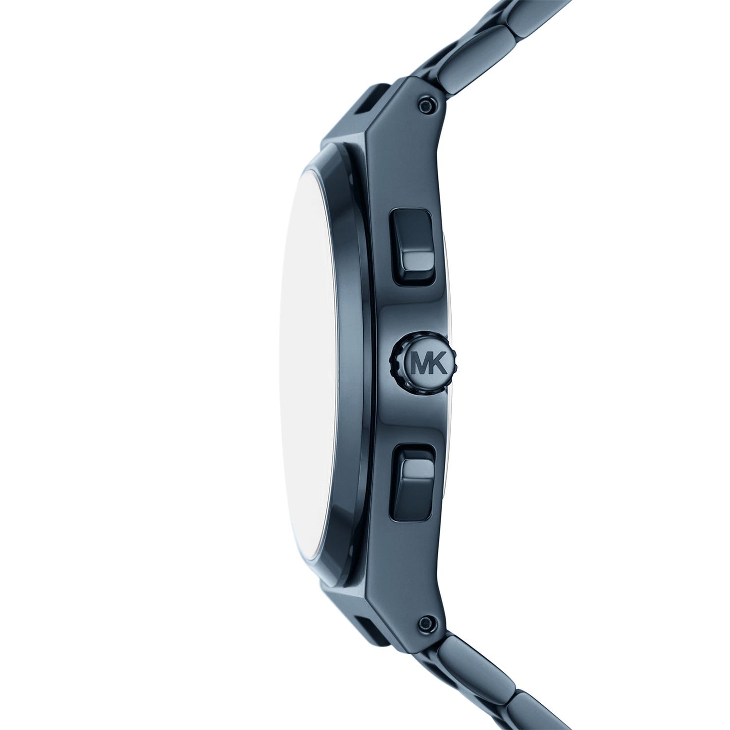 Michael Kors MK9147 Lennox watch side profile showing blue-tone case and controls