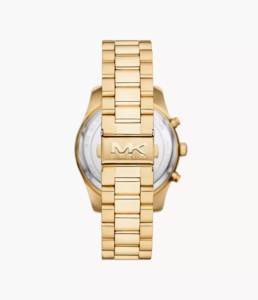 Back view of Michael Kors MK9153 gold watch showing caseback and bracelet