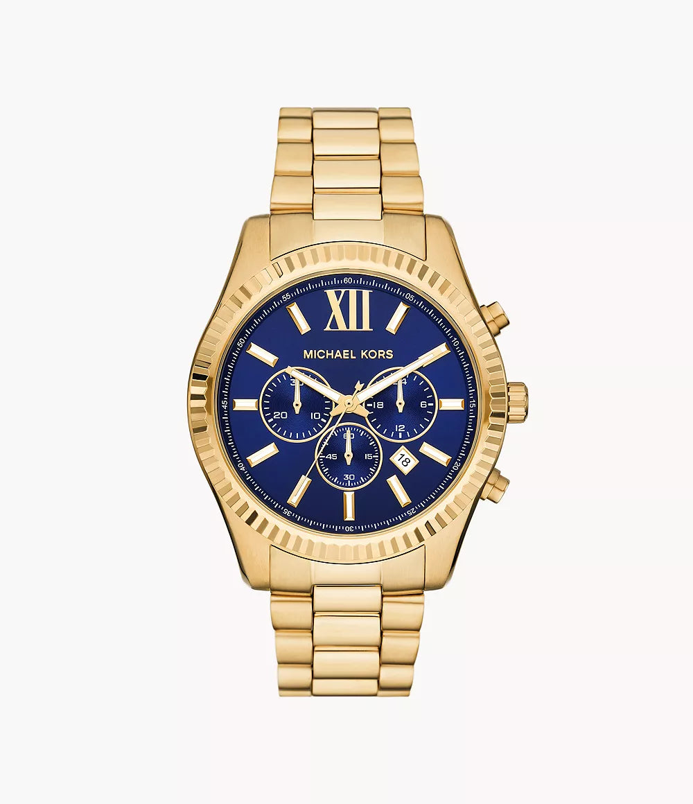 Michael Kors MK9153 gold chronograph watch with navy dial and Roman numerals