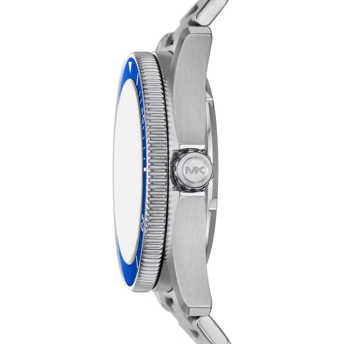 MK9160 watch side profile showing silver steel bracelet and blue rotating bezel with MK logo