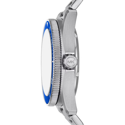 MK9160 watch side profile showing silver steel bracelet and blue rotating bezel with MK logo
