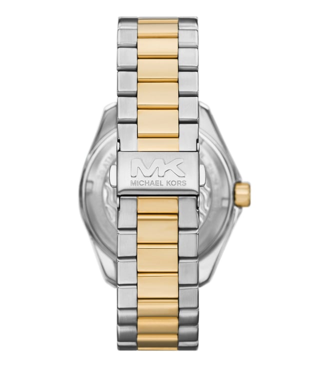 Michael Kors MK9180 watch caseback showing two-tone stainless steel and gold-tone bracelet
