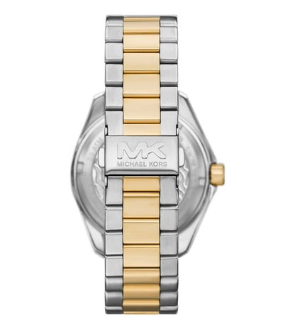 Michael Kors MK9180 watch caseback showing two-tone stainless steel and gold-tone bracelet