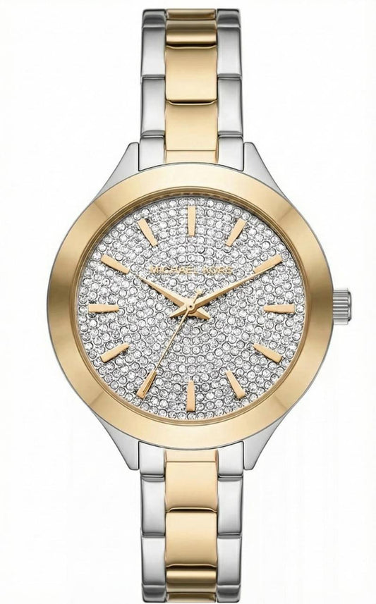 Michael Kors MKO1118 silver and gold-tone watch with crystal-paved dial and link bracelet