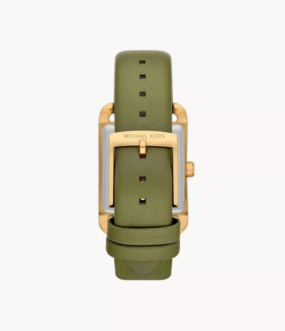 Back view of Michael Kors Monroe watch showing green leather strap and gold case