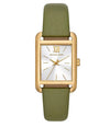 Michael Kors Monroe gold women's watch with white dial, gold Roman numerals, and green leather strap