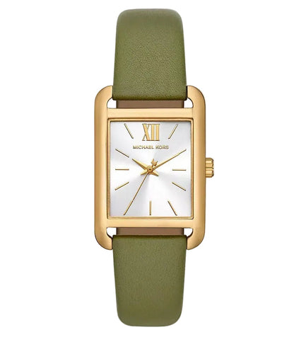 Michael Kors Monroe gold women's watch with white dial, gold Roman numerals, and green leather strap