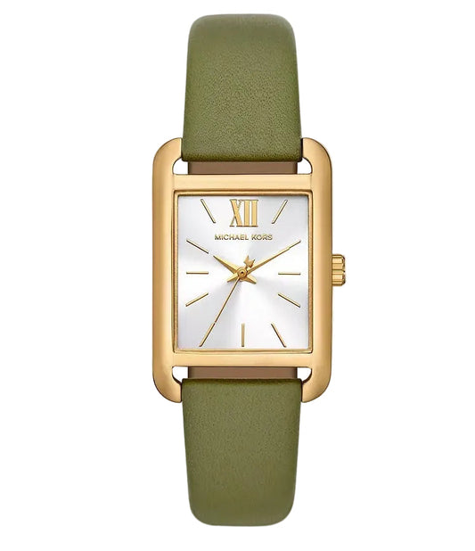 Michael Kors Monroe gold women's watch with white dial, gold Roman numerals, and green leather strap