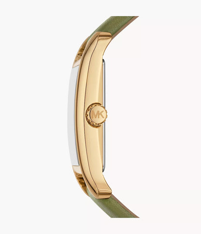 Side profile of Michael Kors Monroe watch showing gold case and green leather strap
