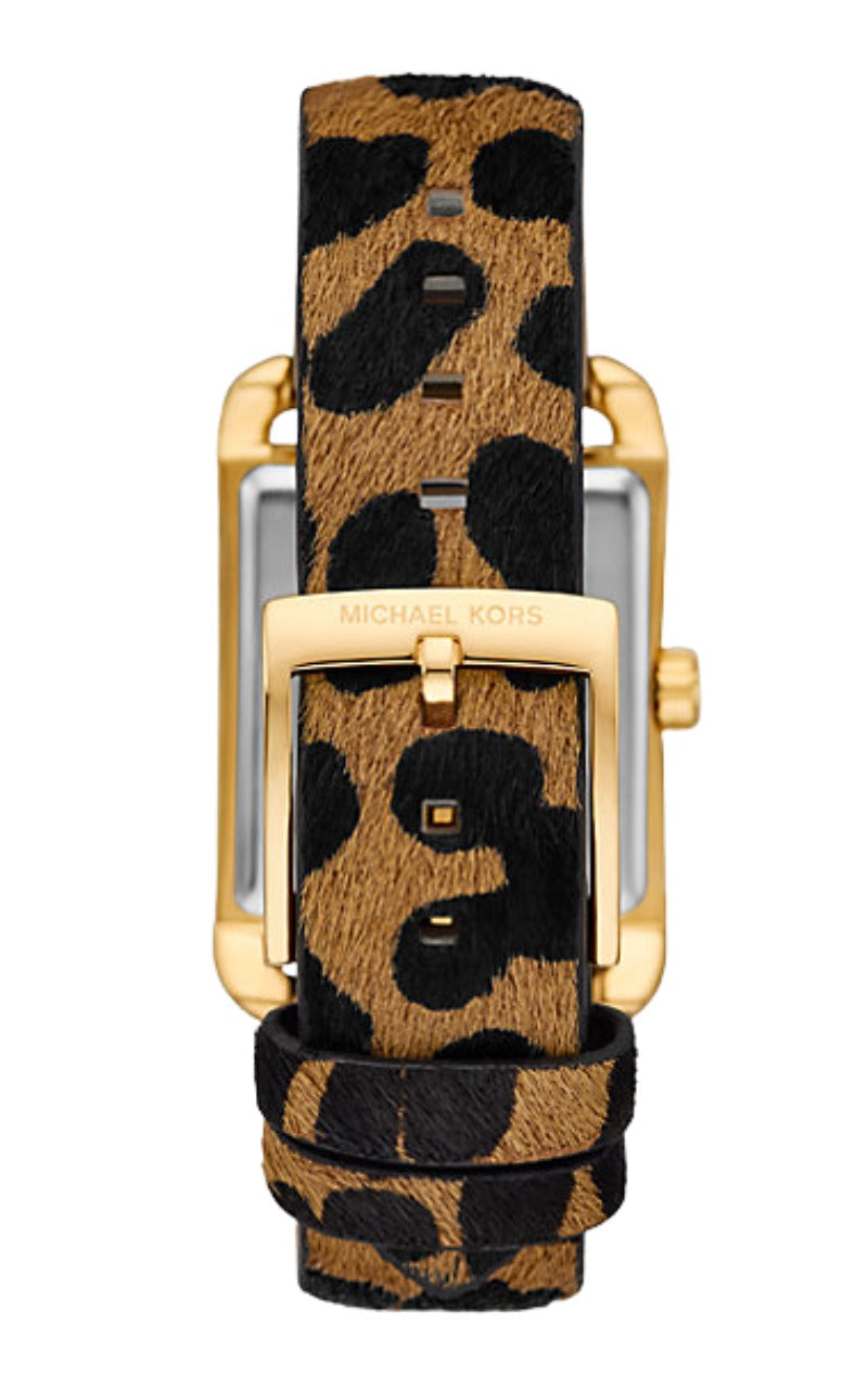Overhead view of Michael Kors Monroe watch with leopard print strap detail