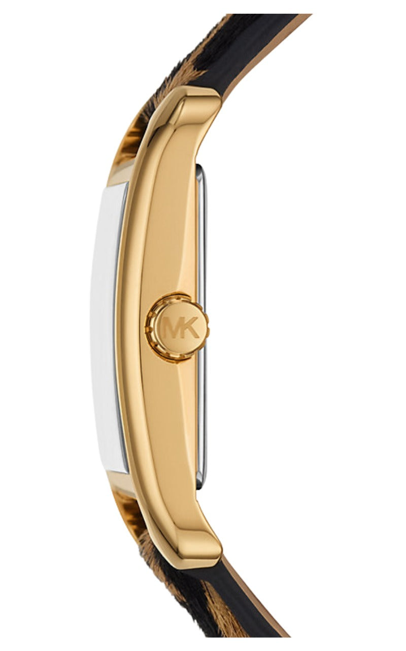 Side profile of Michael Kors Monroe watch showing gold-tone case and black leather strap