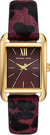 Michael Kors Monroe gold-tone rectangular watch with plum and black leopard print calf hair strap