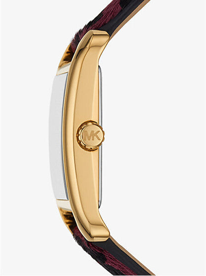 Side profile of Michael Kors Monroe watch showing gold-tone case and plum leopard strap