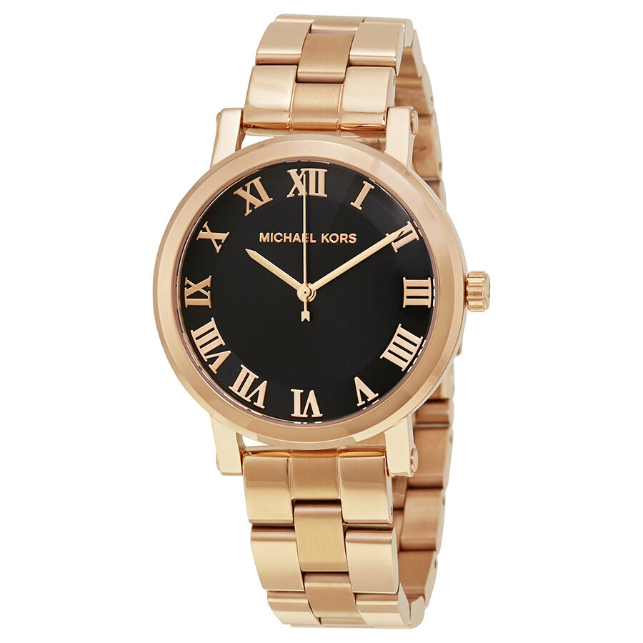Michael Kors Norie watch with black dial and Roman numerals, rose gold-tone case and bracelet