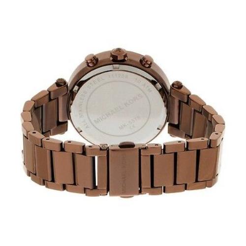 Caseback view of Michael Kors Parker watch showing chocolate metal bracelet