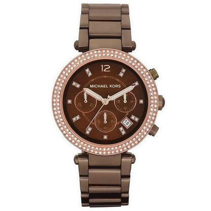 Michael Kors Parker chocolate chronograph watch with diamond bezel and three subdials
