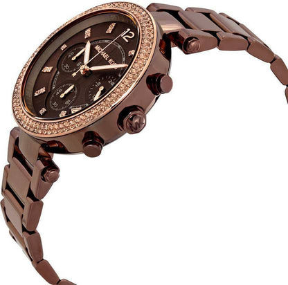 Side angle view of chocolate Parker chronograph watch with linked metal bracelet