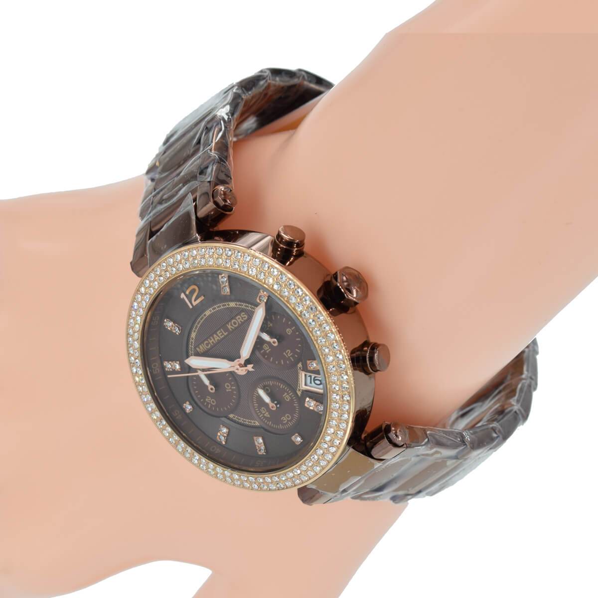 On-wrist view of Parker ladies chronograph watch in chocolate tone with diamond bezel