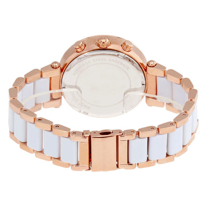 Back of Parker chronograph watch showing rose gold and white ceramic bracelet with fold-over clasp