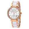 Parker chronograph watch with white dial, rose gold and white ceramic bracelet, crystal bezel