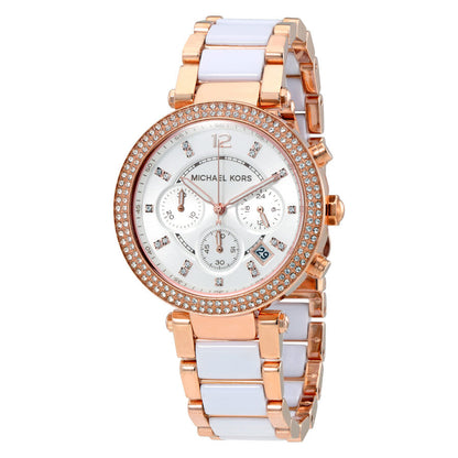 Parker chronograph watch with white dial, rose gold and white ceramic bracelet, crystal bezel