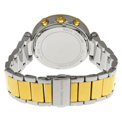 Back view of Michael Kors Parker Glitz watch showing stainless steel case back and two-tone bracelet