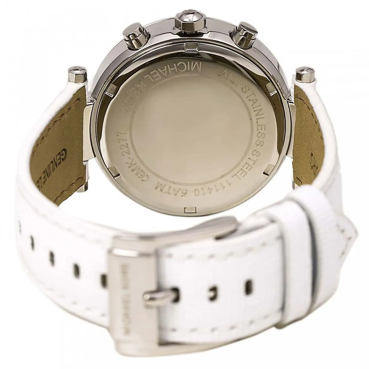 Michael Kors Parker MK2277 caseback showing watch back with engraved text and suede inner strap
