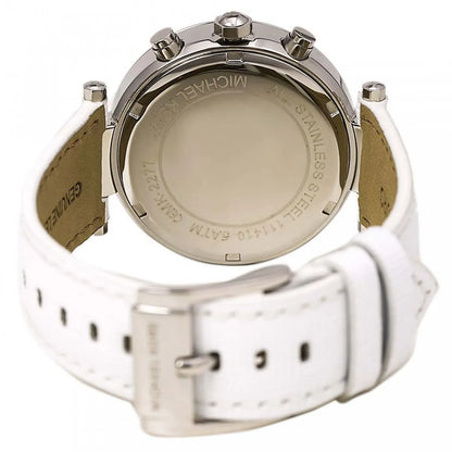 Michael Kors Parker MK2277 caseback showing watch back with engraved text and suede inner strap