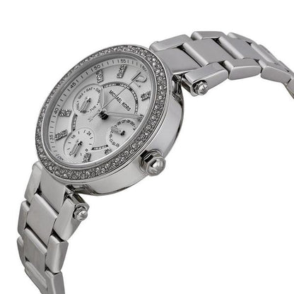 Michael Kors Parker MK5615 silver watch side view showing bracelet and case profile