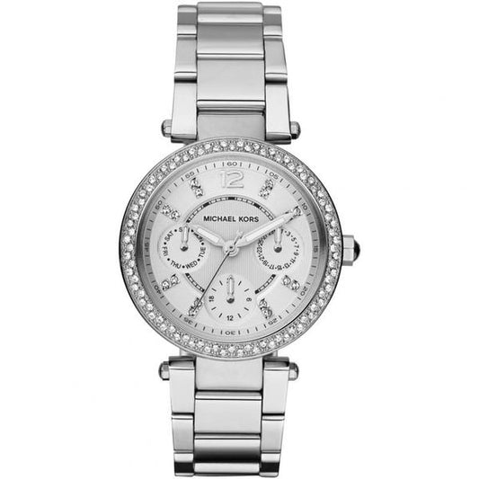 Michael Kors Parker MK5615 silver multi-function watch with crystal bezel and white dial