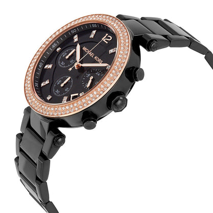 Side angle view of Parker chronograph showing black link bracelet and rose gold bezel details