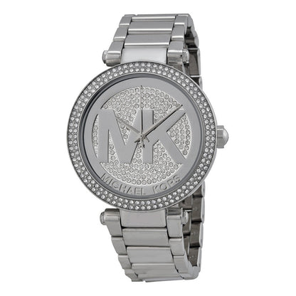 Michael Kors Parker silver-tone women's watch with crystal pave dial and diamond bezel