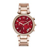 Michael Kors Parker chronograph watch with red dial, diamond bezel, and rose gold-tone bracelet