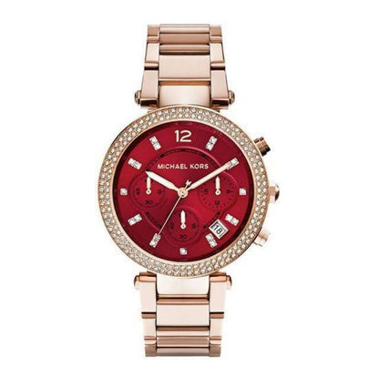 Michael Kors Parker chronograph watch with red dial, diamond bezel, and rose gold-tone bracelet